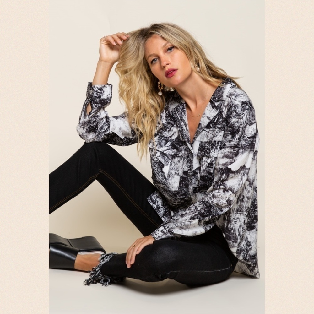 Monochrome Chic Button Down Blouse